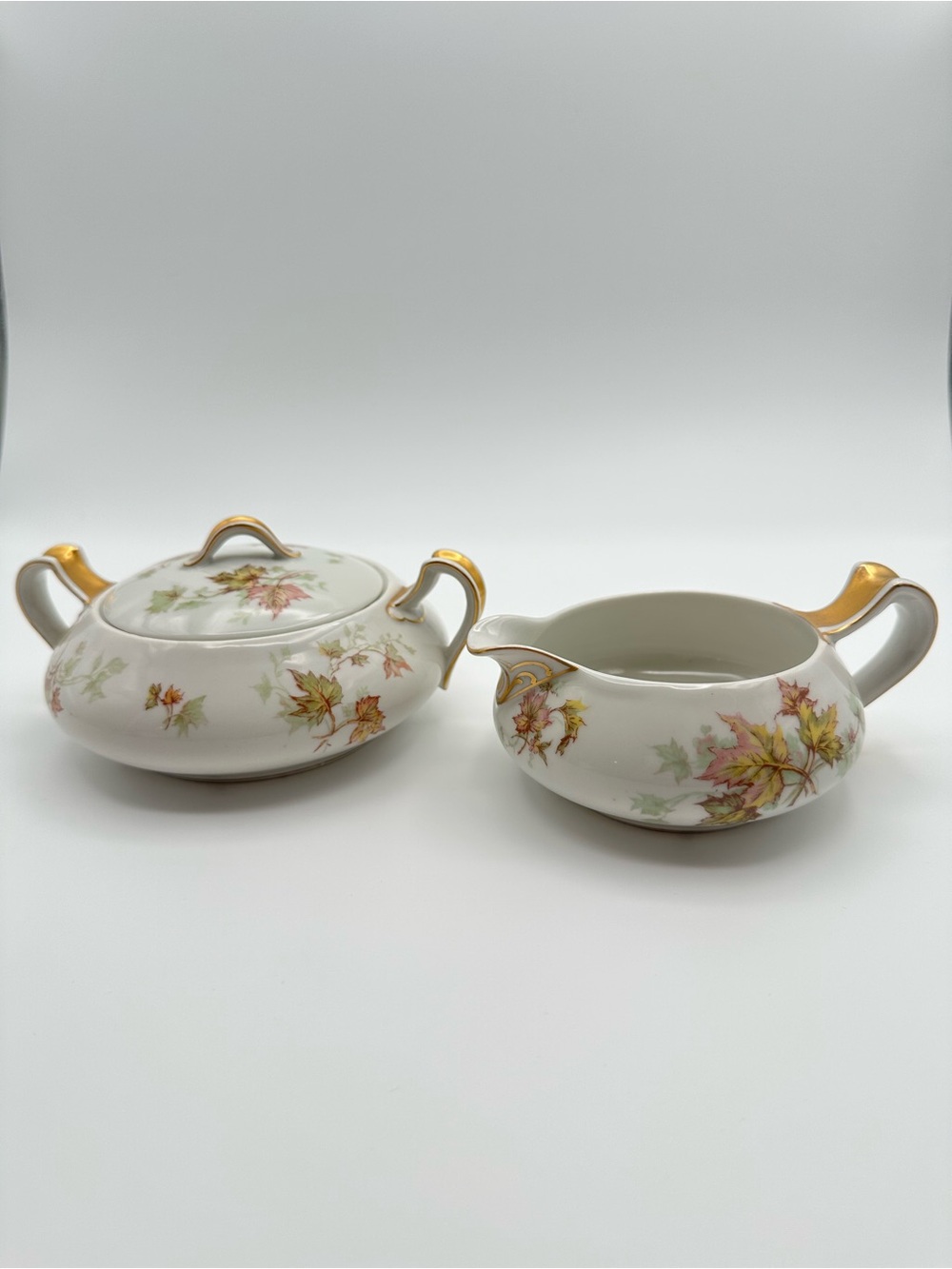 Haviland Limoges Autumn Leaf Creamer & Covered Sugar Bowl Gold Accents